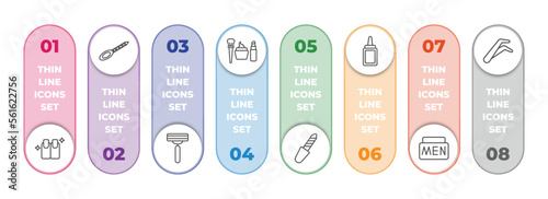 beauty infographic element with outline icons and 8 step or option. beauty icons such as finger with nail, nail file, disposable razor, women makeup, pedicure, aplicator bottle, men cream, tweezers