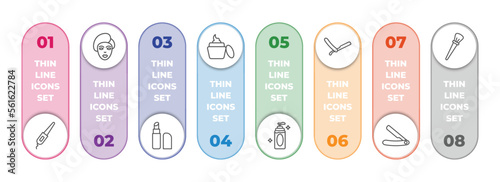 beauty infographic element with outline icons and 8 step or option. beauty icons such as curlers, woman face, inclined lipstick, facial cream, face cleanser, vintage razor, straight razor, inclined