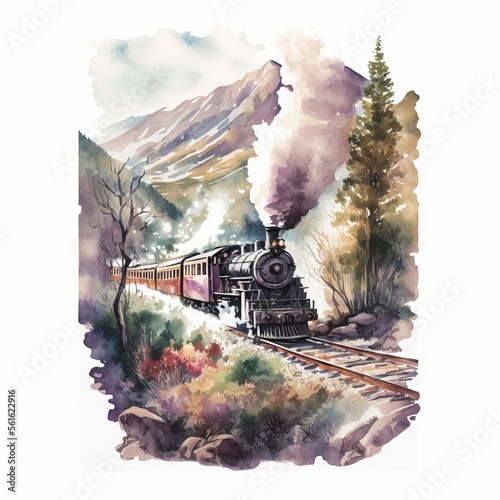  a train traveling through a lush green forest filled with trees and mountains in the background is a mountain range with a train coming down the track, with smoke comin Generative AI photo