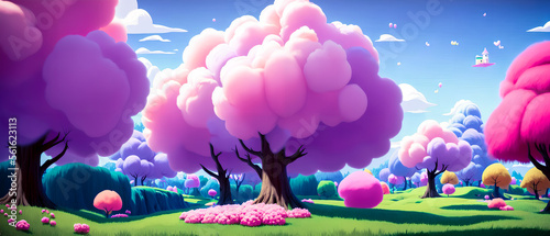 A fairy tale landscape full of sweets, candies, and cotton candy creates a whimsical and fantastical scene. Generative AI