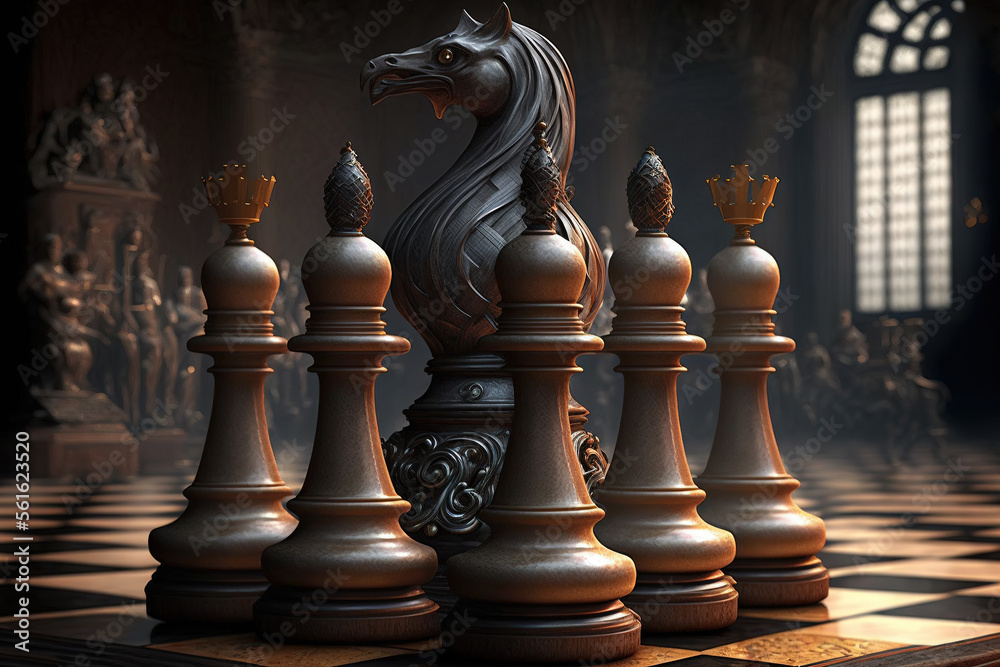 Fantasy chess, horses on a chessboard. AI