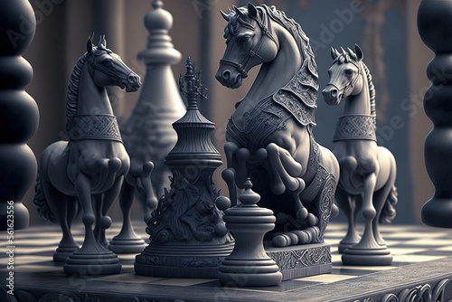 Fantasy chess, horses on a chessboard. AI