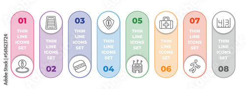 american football infographic element with outline icons and 8 step or option. american football icons such as position, football field, hot dog, shield, stadium cylinder, first aid kit, running