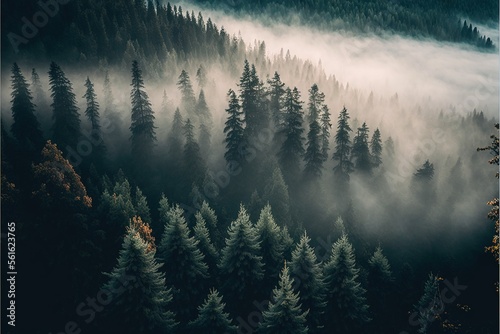 Beautiful foggy dark green forest, top view, aerial photography. Fantasy forest landscape. AI