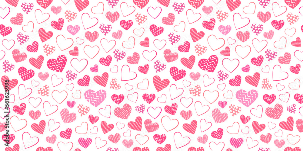 Seamless background with different stylized hearts. Background for Valentine's Day, birthday or wedding. Pink hearts on a white background