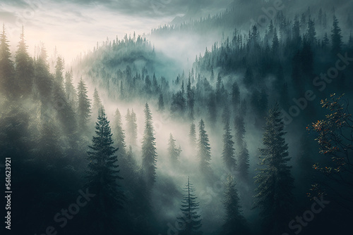 Beautiful foggy dark green forest  top view  aerial photography. Fantasy forest landscape. AI