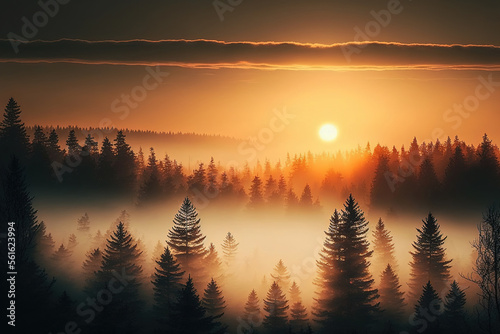 Foggy forest at a beautiful sunset, top view, mountains, fog, sunset, aerial photography. Fantasy forest landscape. AI
