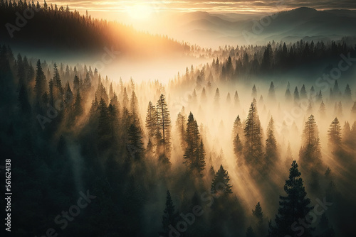 Foggy forest at a beautiful sunset, top view, mountains, fog, sunset, aerial photography. Fantasy forest landscape. AI