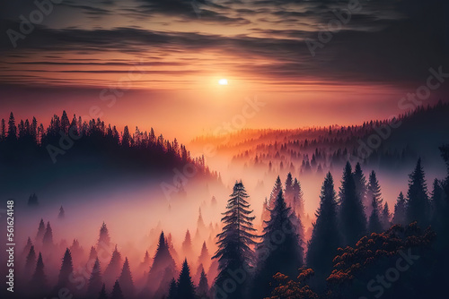 Foggy forest at a beautiful sunset  top view  mountains  fog  sunset  aerial photography. Fantasy forest landscape. AI