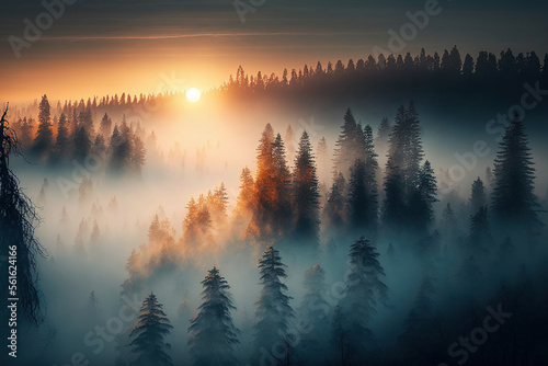 Foggy forest at a beautiful sunset  top view  mountains  fog  sunset  aerial photography. Fantasy forest landscape. AI