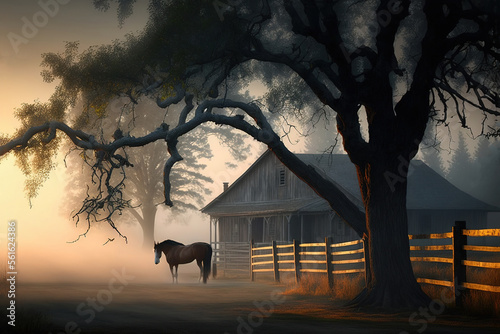 Country ranch, big wooden house, horse paddock, foggy morning at the ranch, dawn, big trees. Fantasy landscape. AI photo