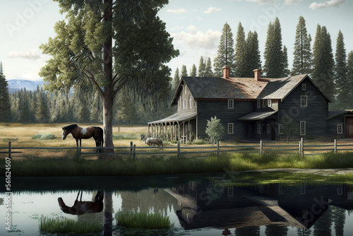 Country ranch, big wooden house, horse paddock, big trees. Fantasy landscape. AI