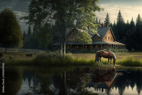 Country ranch, big wooden house, horse paddock, big trees. Fantasy landscape. AI