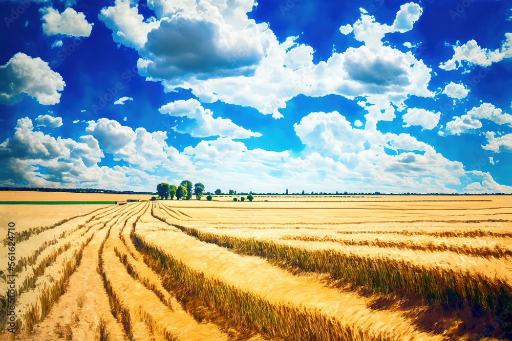 Fototapeta premium Beautiful summer landscape showing wheat fields with blue sky and white clouds on a sunny day, art illustration 