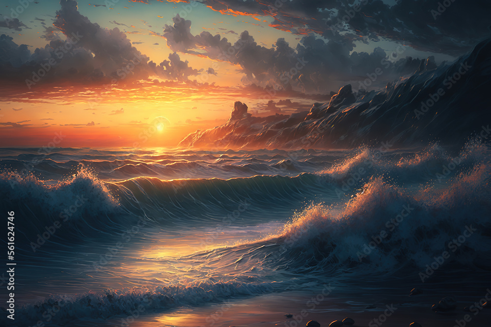 Beautiful sunrise over the sea waves and ocean shore, art illustration 