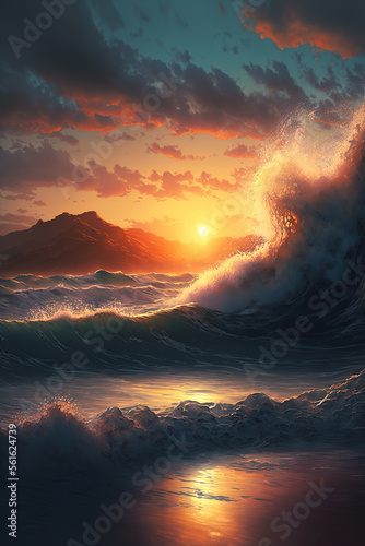 Beautiful sunrise over the sea waves and ocean shore, art illustration 