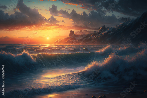 Beautiful sunrise over the sea waves and ocean shore, art illustration 