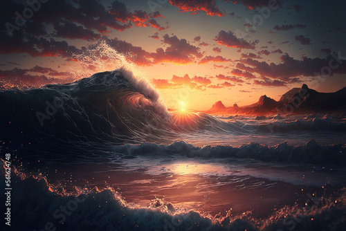 Beautiful sunrise over the sea waves and ocean shore, art illustration 