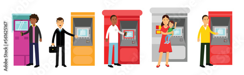 People Characters at ATM Machine Making Payment and Getting Cash Vector Set