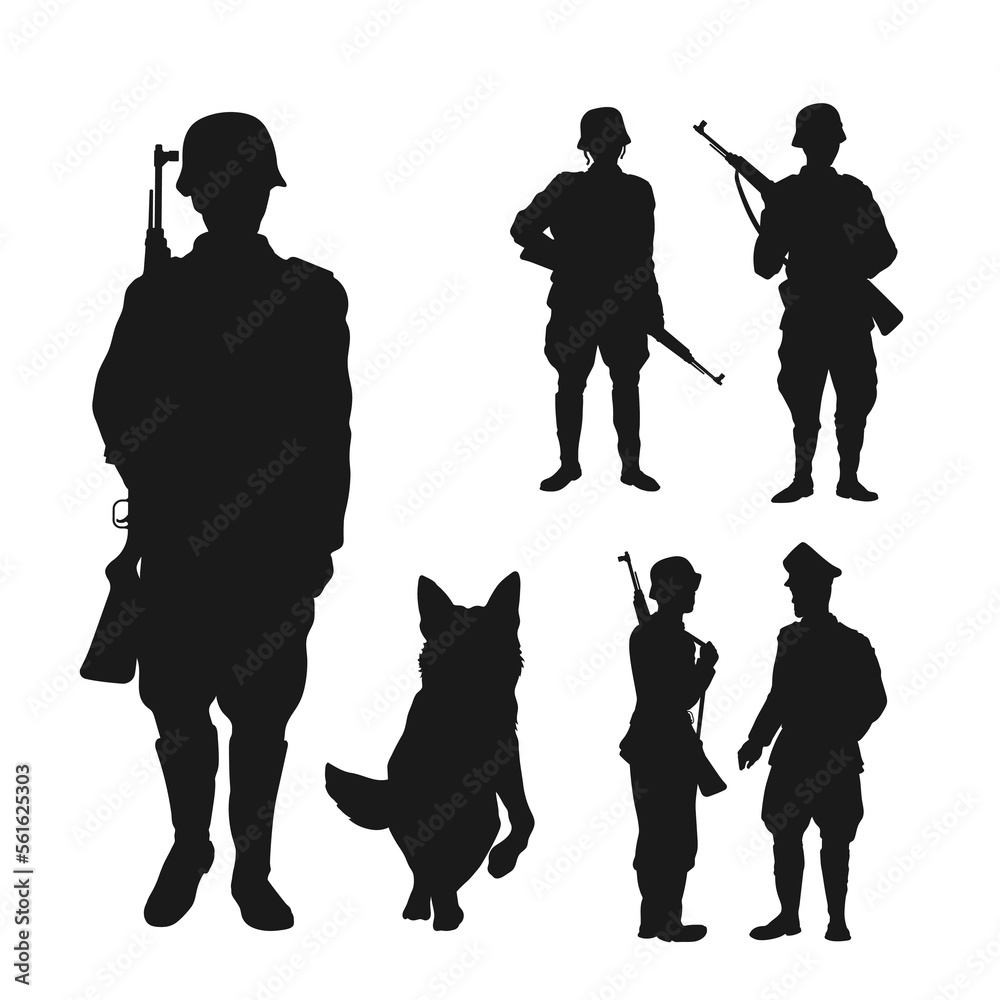 WW2 soldier black silhouette. Germanic officer and warriors with riffle. Isolated prison guard and dog. 1940s infantry person. World War 2 scene. - obrazy, fototapety, plakaty 