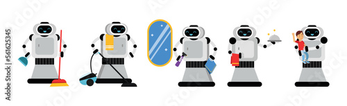 Robot Doing Housework Cleaning and Housekeeping Vector Set