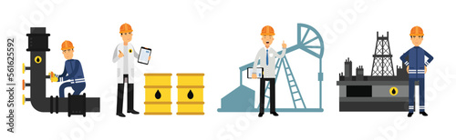 Oil Industry Worker Engaged in Maintenance and Technical Inspection Vector Set