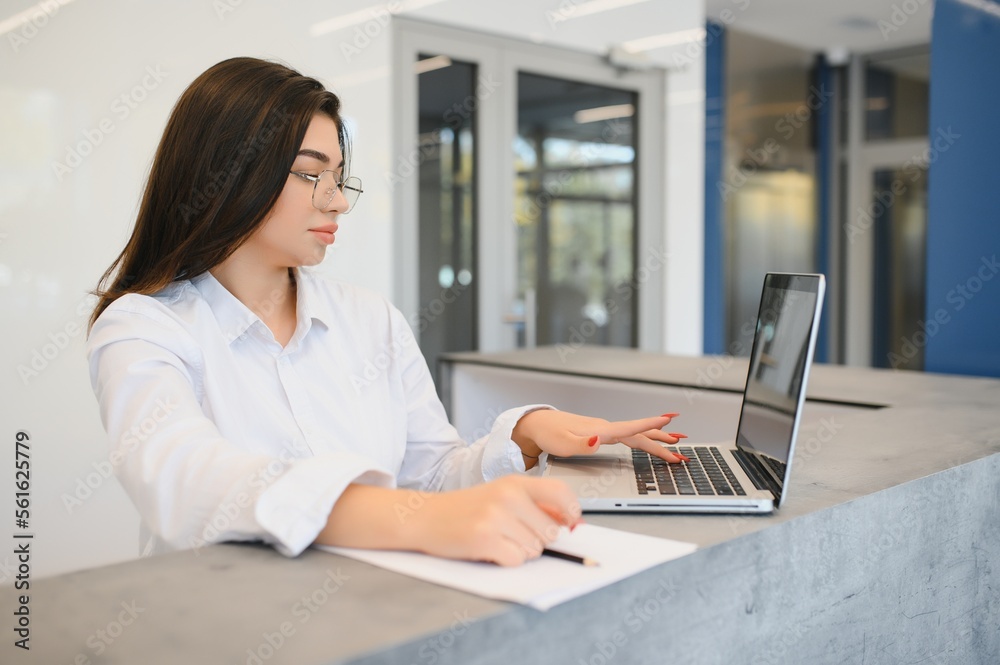 Support phone operator in headset at workplace Support phone operator in headset at workplace