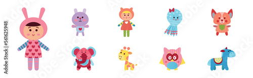Sewed Stuffed or Fluffy Toys with Animal and Doll Vector Set