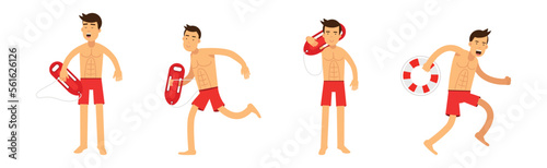 Man Beach Lifeguard in Red Swimwear Engaged in Rescue Vector Set