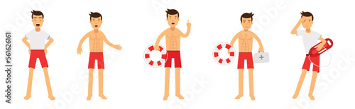 Man Beach Lifeguard in Red Swimwear Engaged in Rescue Vector Set