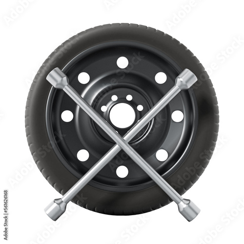 Spare car tyre and wheel nut wrench on transparent background.