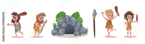Stone Age with Cave and Man with Bludgeon Weapon Vector Set