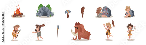 Stone Age with Caveman, Bonfire and Mammoth Vector Set