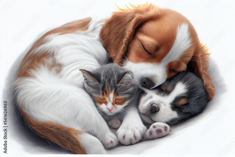 Cat and puppy friends sleeping Generative AI Cat and puppy friends sleeping Generative AI
