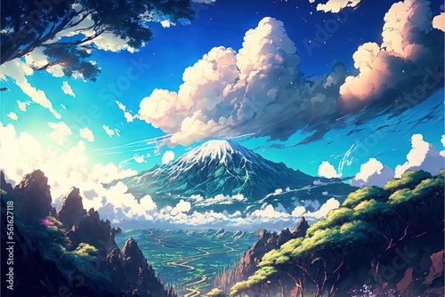 illustration numérique d'un paysage fantastique. montagne immense et nuages avec soleil et neige