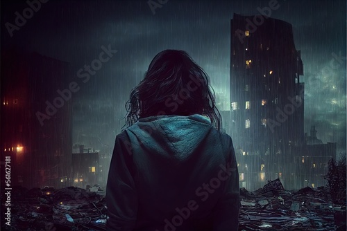 une femme de dos  devant une ville de nuit sous la pluie, ambiance sombre et triste photo