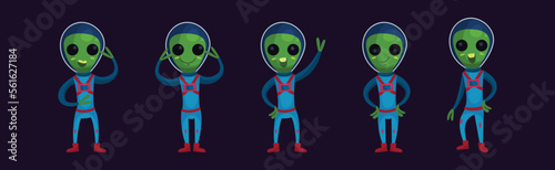 Cute Green Aliens In Space Suits with Friendly Smiling Faces Vector Set