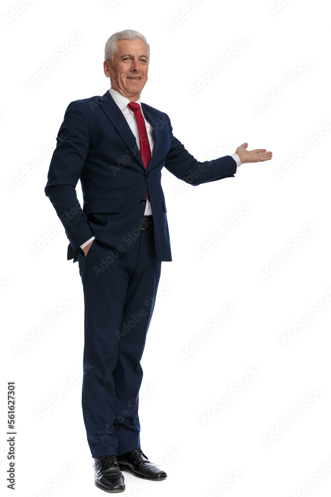 businessman presenting something to the side businessman presenting something to the side