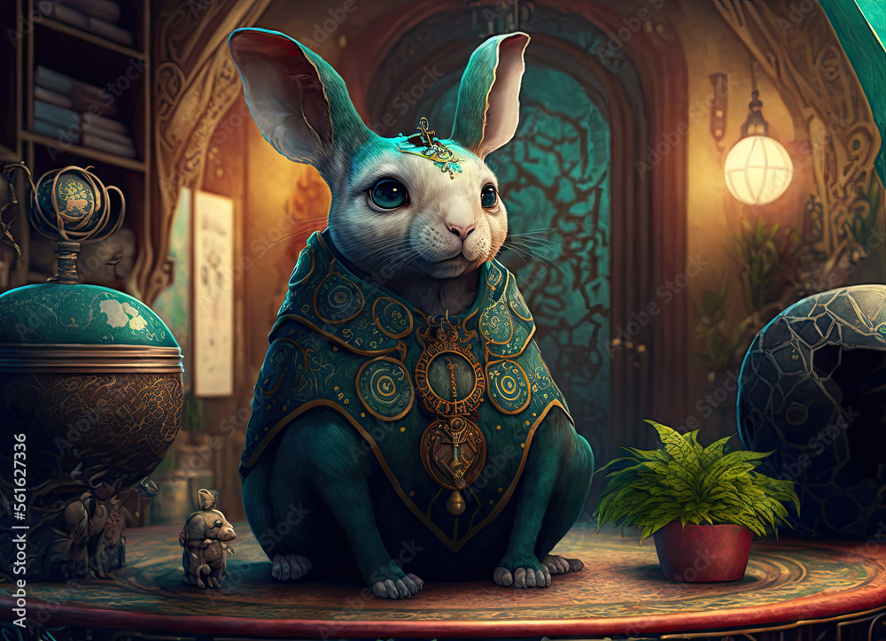 old rabbit with ancient dress with indoor plants in library chinese new ...