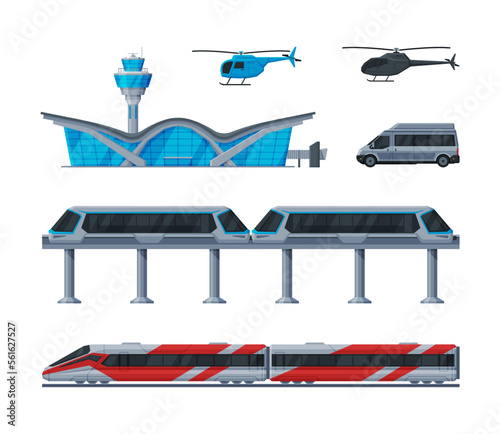 Airport control tower, terminal building, train and helicopter set cartoon vector illustration