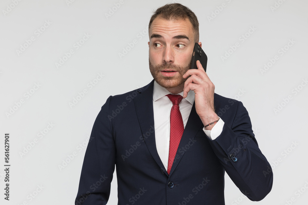 handsome young man in elegant suit talking on the phone and looking to side handsome young man in elegant suit talking on the phone and looking to side