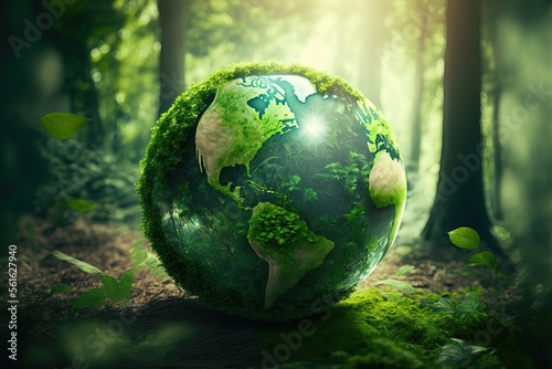 illustration numérique, globe terrestre végétal dans une forêt verte et luxuriante. photo