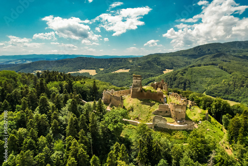 An aerial view of the medieval Zborov Castle, Slovakia photo