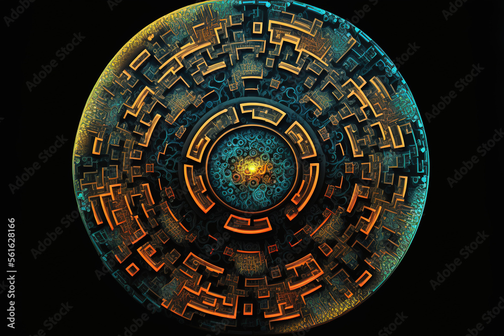 Futuristic neon abstract circle, circular mart system. Science fiction disc with navigation. AI