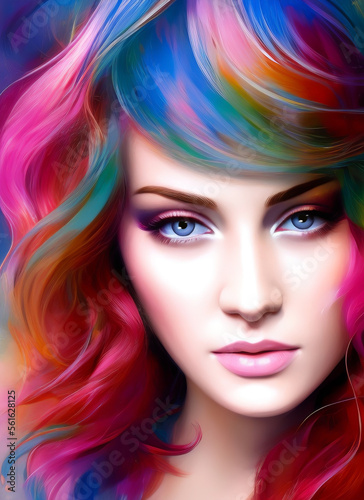 Digital portrait of a beautiful face. Illustration of a beautiful girl. Conceptual closeup of an painting. Beautiful woman painting. Generative AI
