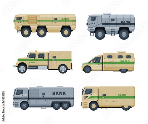 Money collector trucks set. Armored bank cars. Banking and transportation of valuables flat vector illustration
