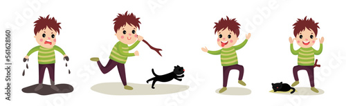 Naughty Little Boy Playing and Misbehaving Vector Set