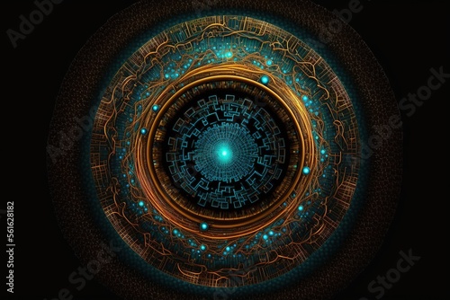 Futuristic neon abstract circle  circular mart system. Science fiction disc with navigation. AI