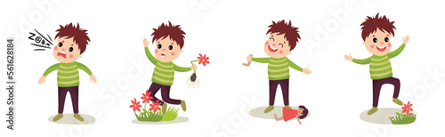 Naughty Little Boy Playing and Misbehaving Vector Set