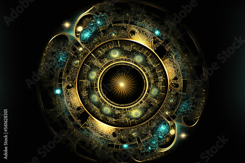 Futuristic neon abstract circle, circular mart system. Science fiction disc with navigation. AI
